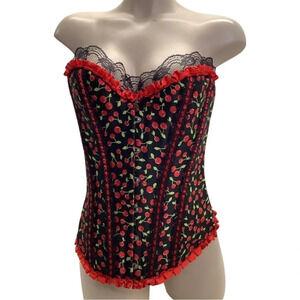 Cherry Print Size Small Satin & Lace Trim, Includes Satin Black Thong. New